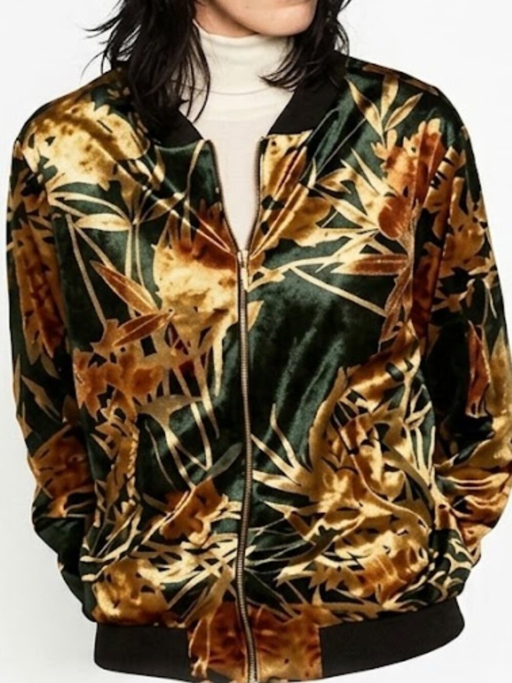 ZARA Velvet Floral Bomber Jacket Gold Black Tropical Print Size Medium